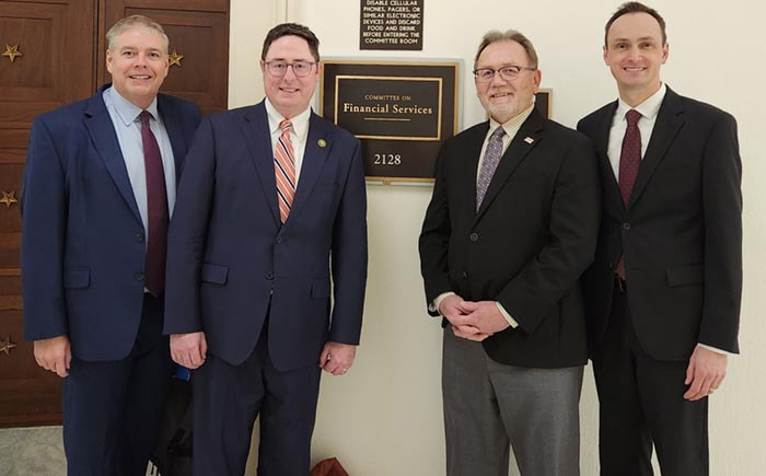 Left to right: NBA President and CEO Richard Baier; Rep. Mike Flood; NBA Chair-Elect Lydell Woodbury, First Nebraska Bank (Valley); and NBA Government Relations Committee Chair Nick Vrba, First State Bank & Trust, Co. (Fremont)